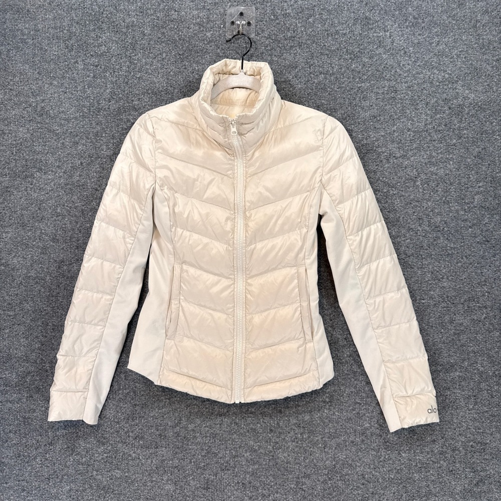 Alo Yoga Puffer Jacket Womens Small Cream Down Quilted Slim Mock Neck Full Zip